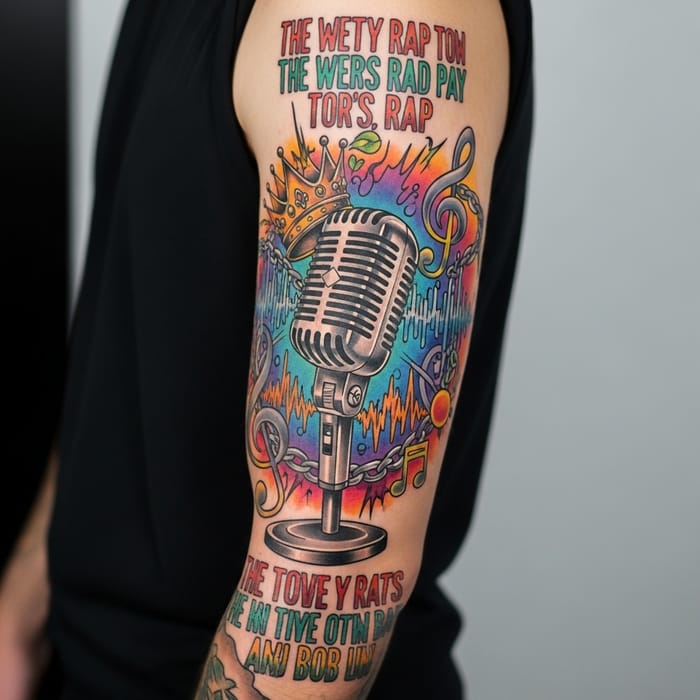 Vibrant Rap Tattoo Design: Stylized Mic & Iconic Elements