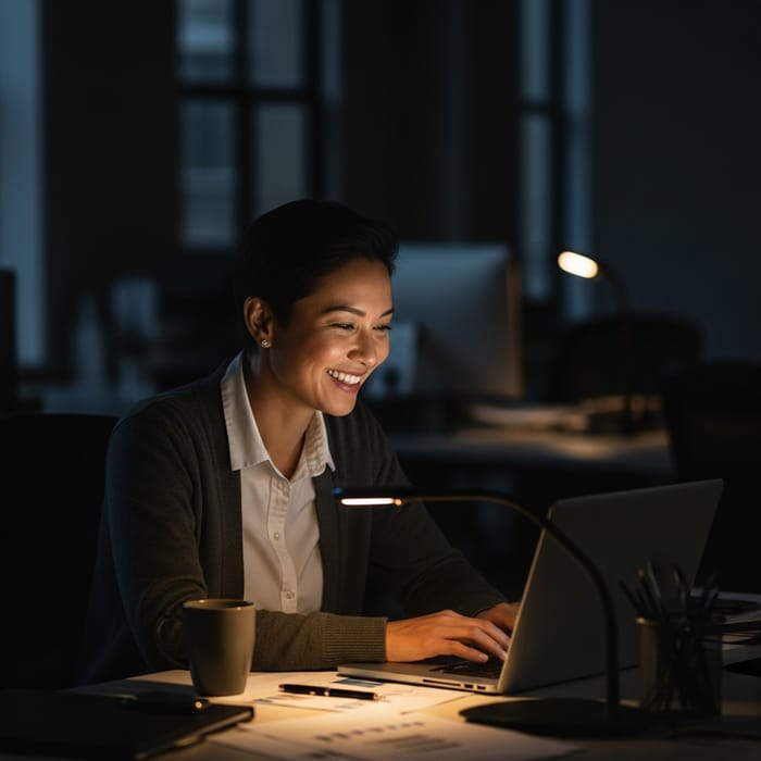 Asian Marketing Manager Working Joyfully in Dark Office Setting