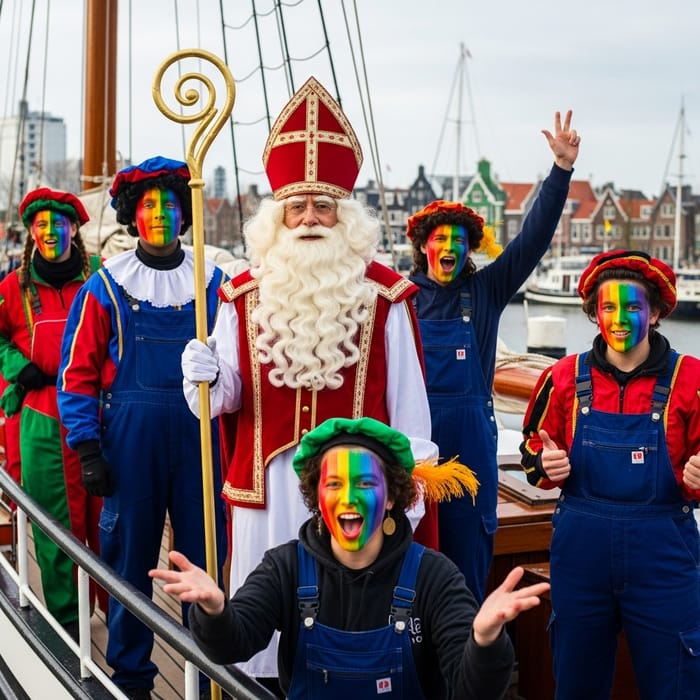 Sinterklaas on Ship with Rainbow Face Painted Petes in Digital Era