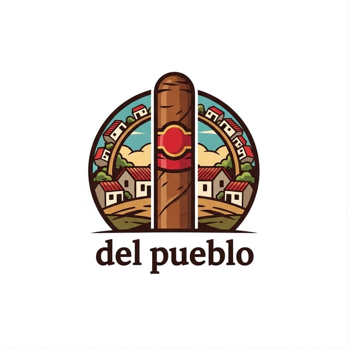 Del Pueblo Cigars - Handcrafted Cigar Logo with Village Background Del Pueblo Cigars - Handcrafted Cigar Logo with Village Background