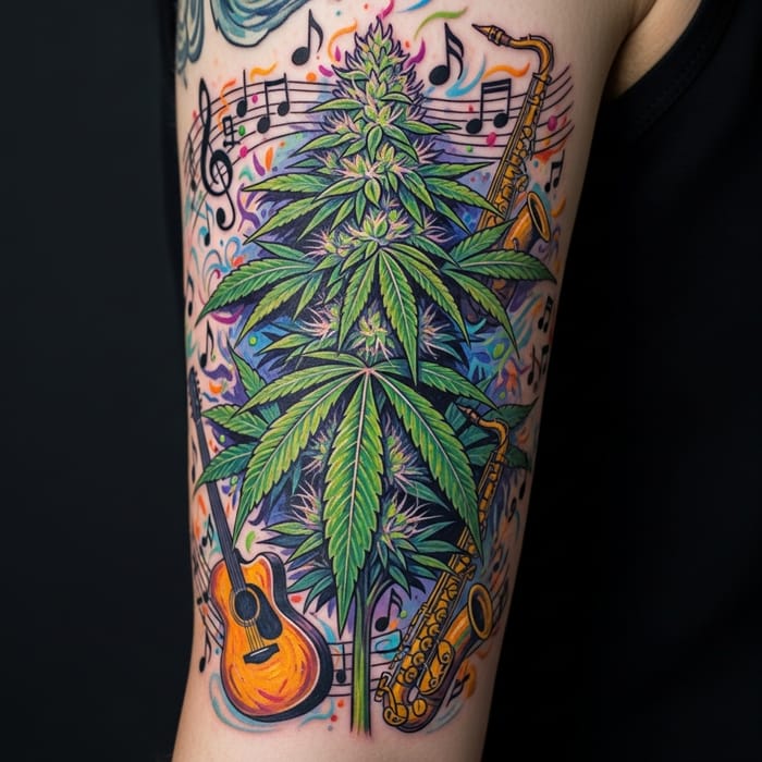 Dynamic Tattoo Design: Cannabis & Music in Van Gogh Style