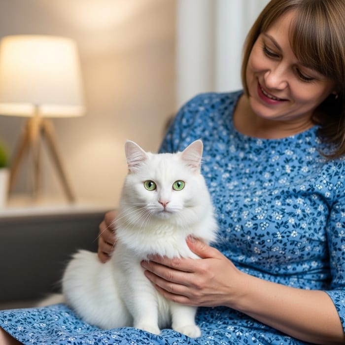 White Cat Sitting on Lady's Lap | Serene & Loving White Cat Sitting on Lady's Lap | Serene & Loving