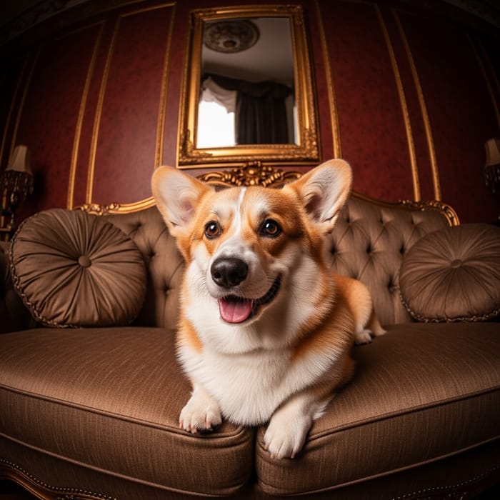 Opulent Corgi on Luxurious Velvet Couch | Aristocratic Pet Photography