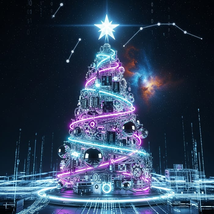 Futuristic Cyber Christmas Tree with Neon Lights