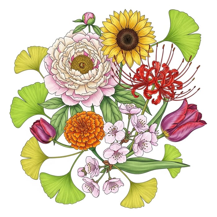 Intricate Flower Drawing with Peony, Sunflower & Spider Lily Intricate Flower Drawing with Peony, Sunflower & Spider Lily