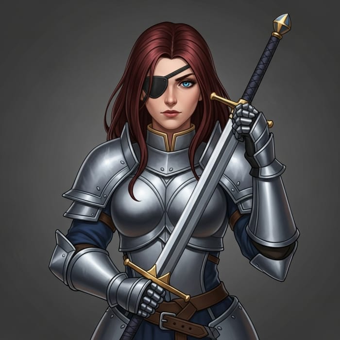 Brute 32-Year-Old Woman Knight with Eye Patch and Dark Red Hair