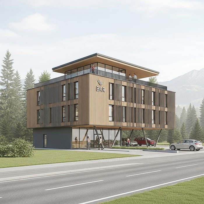 Minimalist Office Building with Rooftop Bar and Nature Views Minimalist Office Building with Rooftop Bar and Nature Views