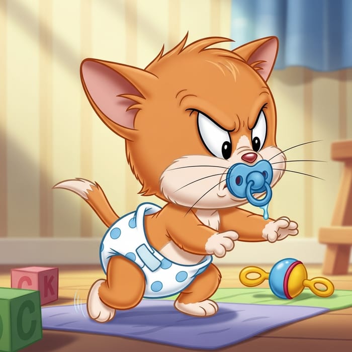 Newborn Kitten Crawling in Diapers and Pacifier Animated Cartoon