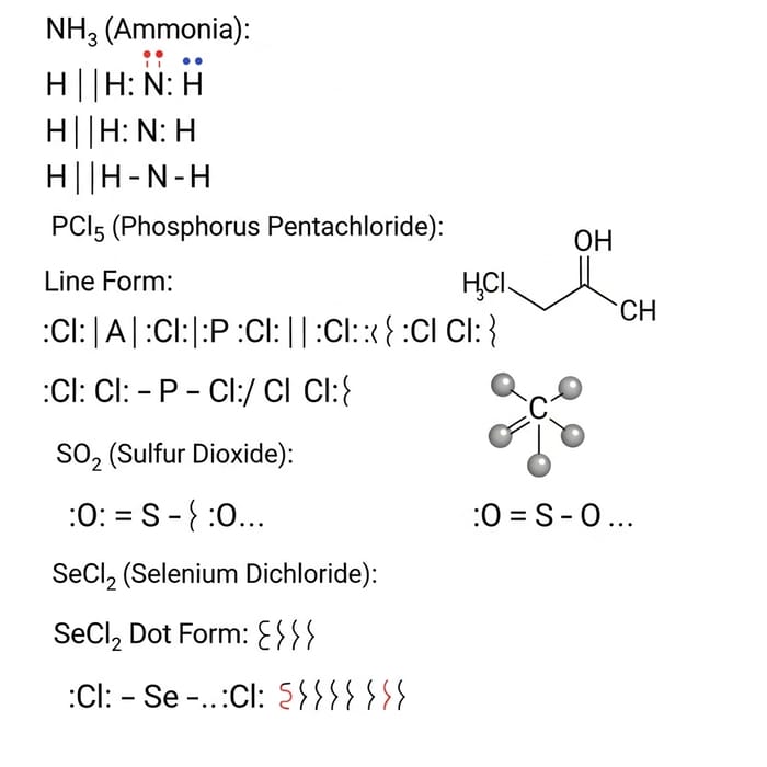 Lewis Structures of Covalent Compounds: KBr, NH3, CaI2, CuSn, Na2O, CdS, PCl5, Mg3N2, SO2, LiI, Al4C3, SeCl2, S2F2, NaF, Al