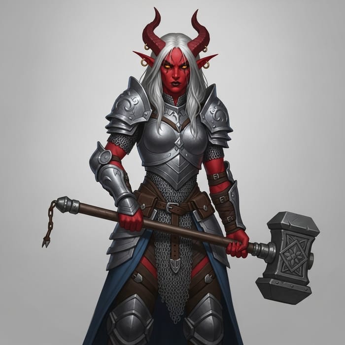 Fierce Female Tiefling Warrior with Hammer and Chain Mail