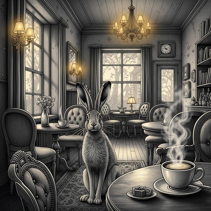 Cozy Café Scene with Hare and Vintage Charm | Black, White, Gold Ambiance Cozy Café Scene with Hare and Vintage Charm | Black, White, Gold Ambiance