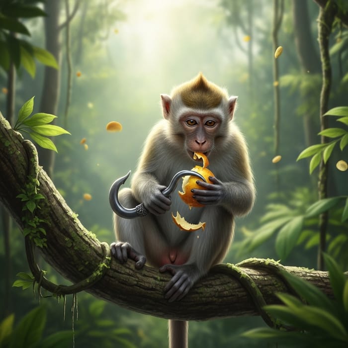 Playful Ape with Hook Enjoying Fruit on Tree