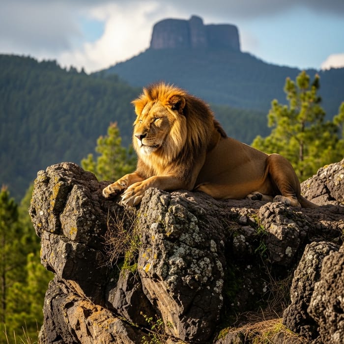 Lion Resting on Rock Formation in Cofre de Perote