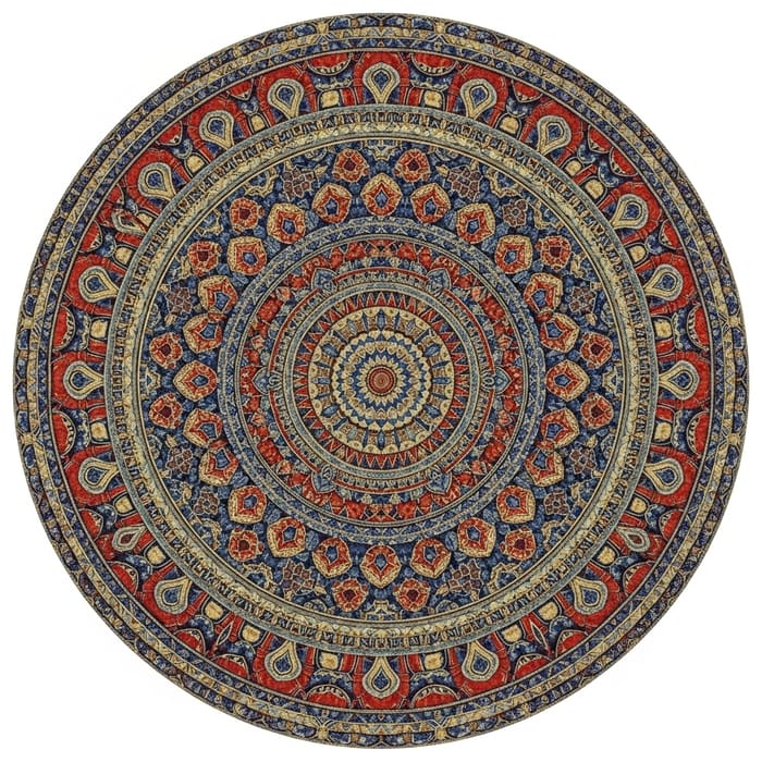Colorful Kaleidoscopic Circle Design in Blue, Red & Gold Colorful Kaleidoscopic Circle Design in Blue, Red & Gold