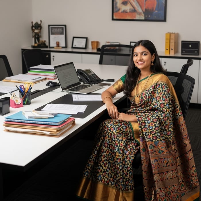 Indian Girl in Colorful Saree on Desk | Modern Office Fashion Indian Girl in Colorful Saree on Desk | Modern Office Fashion