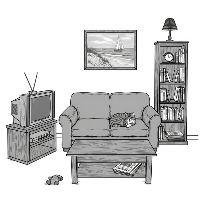 Tidy and Well-Organized Small Living Room: Wooden Bookcase, Antique Clock, Cozy Sofa & Beach Painting Tidy and Well-Organized Small Living Room: Wooden Bookcase, Antique Clock, Cozy Sofa & Beach Painting