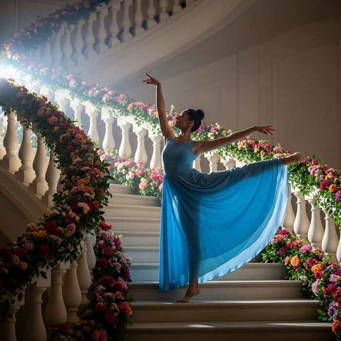 Elegant South Asian Gymnast in Flowing Dress on Flower-Adorned Staircase Elegant South Asian Gymnast in Flowing Dress on Flower-Adorned Staircase
