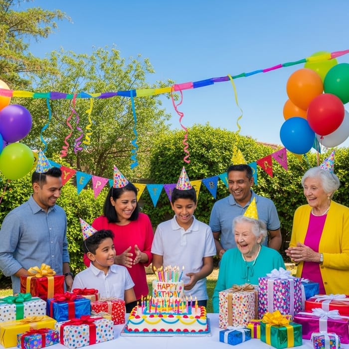 Diverse Outdoor Birthday Celebration with Joyful Group Diverse Outdoor Birthday Celebration with Joyful Group