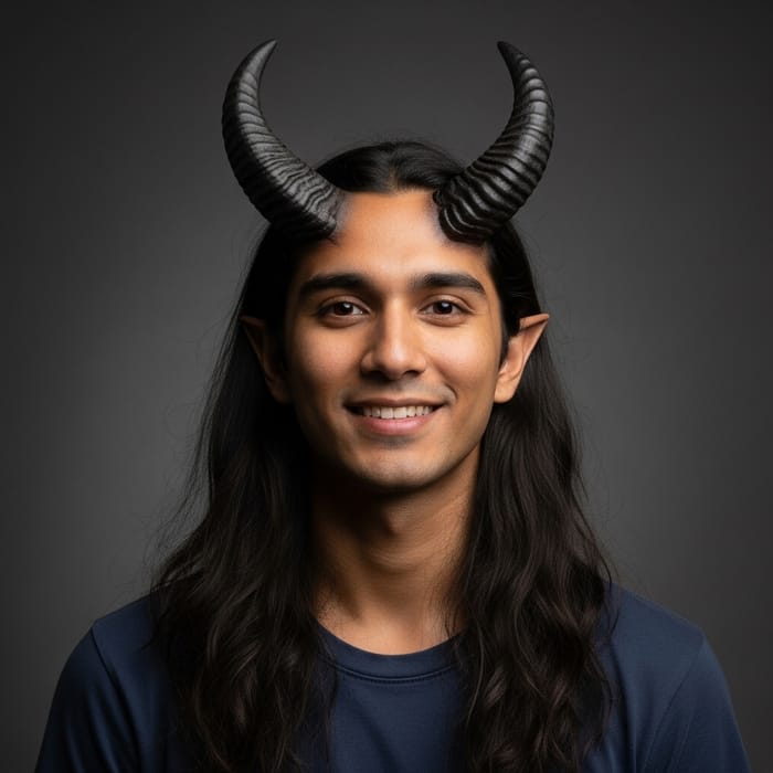 Young South Asian Male Tiefling with Radiant Skin and Kind Eyes Young South Asian Male Tiefling with Radiant Skin and Kind Eyes
