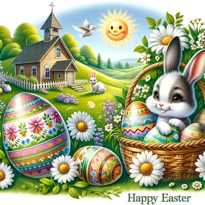 Easter Scene with Bunny, Eggs, Flowers & Church