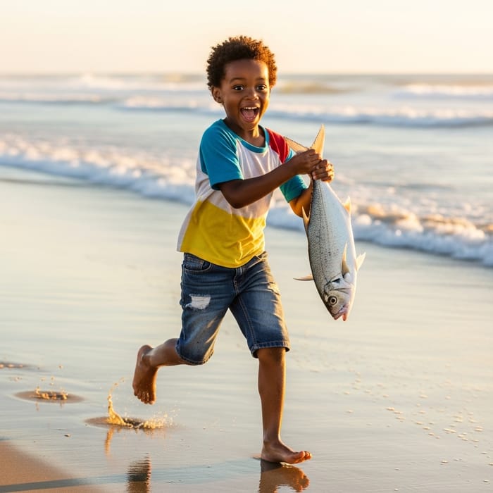African Child Running with Stolen Fish