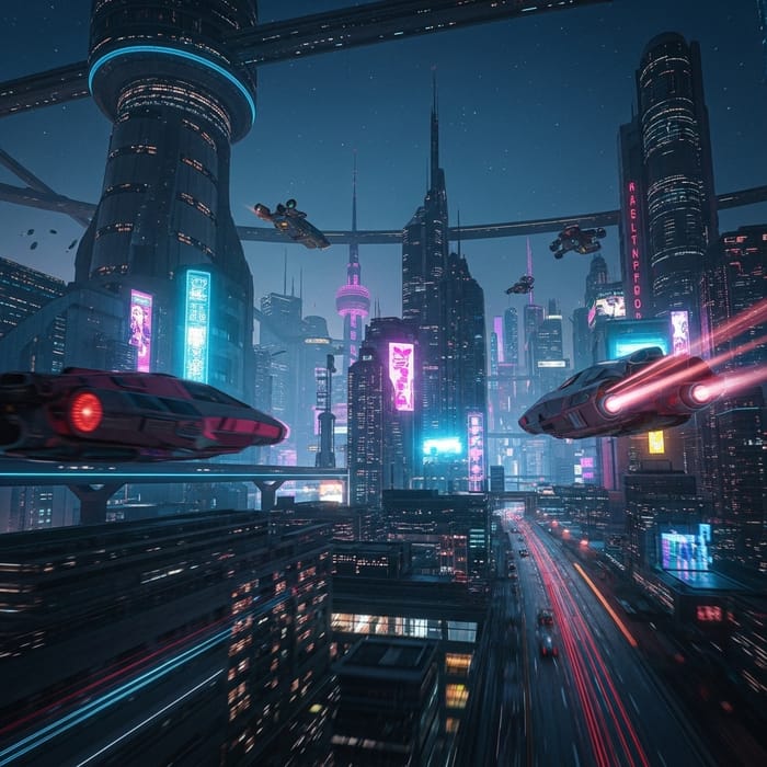 Futuristic Cyberpunk Cityscape: Neon Lights & Flying Cars Futuristic Cyberpunk Cityscape: Neon Lights & Flying Cars