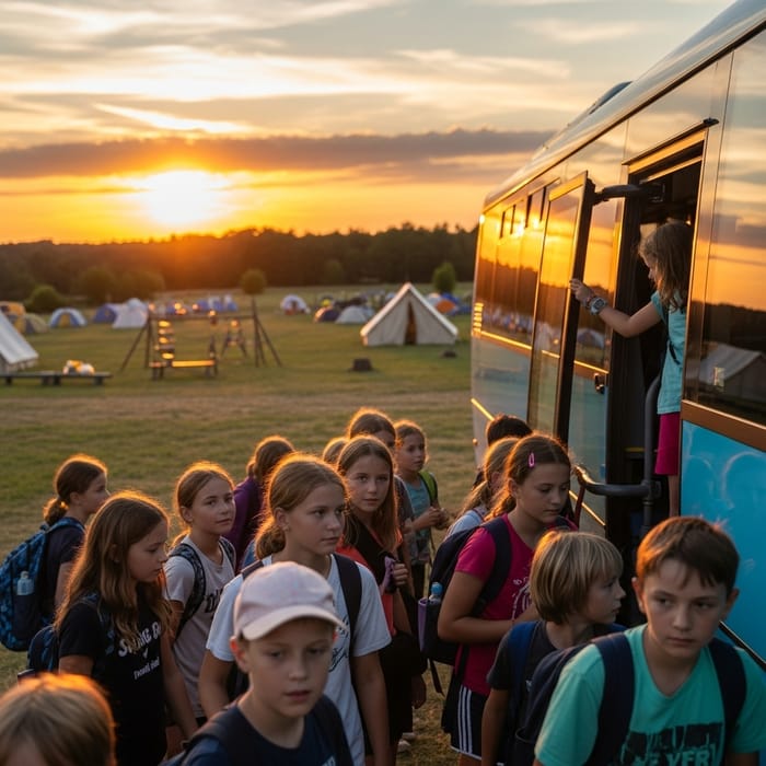 Kids Boarding Bus: Tranquil Summer Camp Sunset View