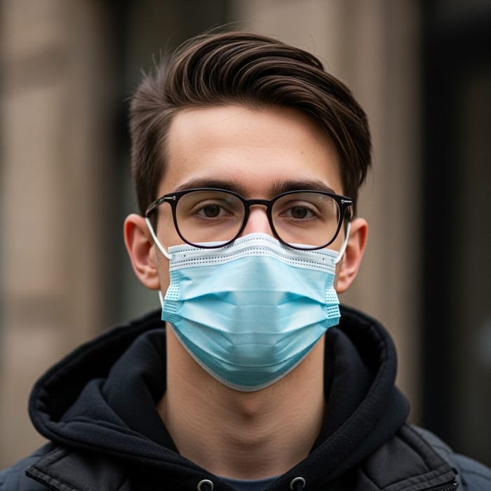 Average Young Man with Stylish Glasses and Surgical Mask Average Young Man with Stylish Glasses and Surgical Mask