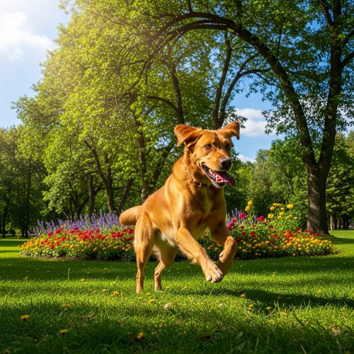 Colorful Park Scene Featuring a Joyful Dog Colorful Park Scene Featuring a Joyful Dog