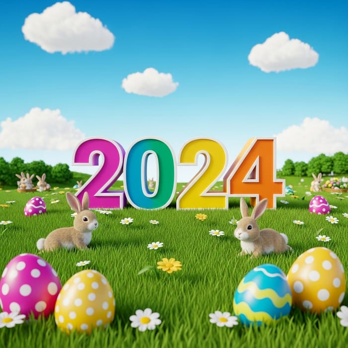 2024 Easter Sign and Bunnies - Vibrant Spring Scene