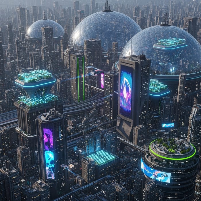 Advanced Water-Saving Technology in Vibrant Cyberpunk Cityscape Advanced Water-Saving Technology in Vibrant Cyberpunk Cityscape