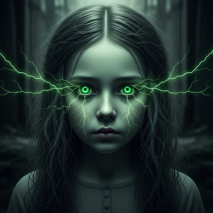 Spooky Ghost Girl with Green Eyes and Lightning