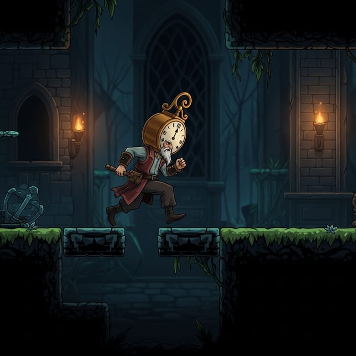 Mystical Medieval Platformer Game with Clock Head Character