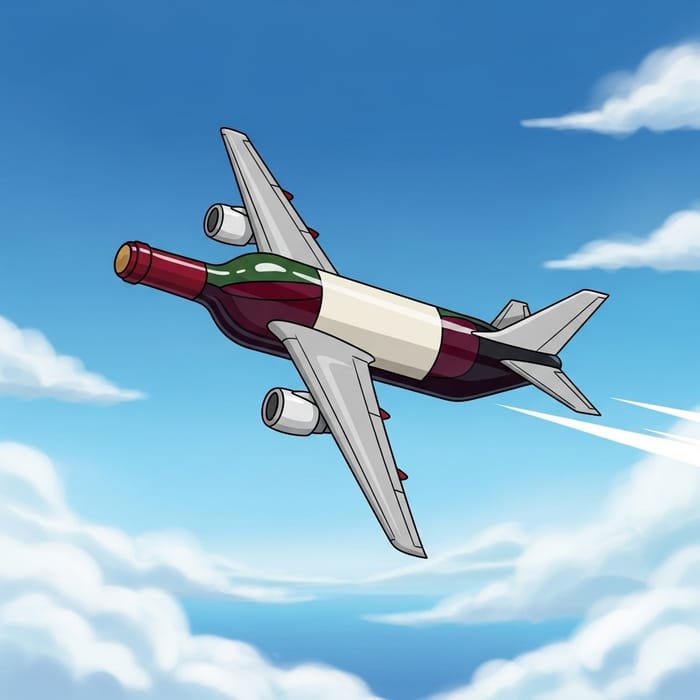 Cartoon Wine Bottle Aircraft with Wings Flying in Blue Sky