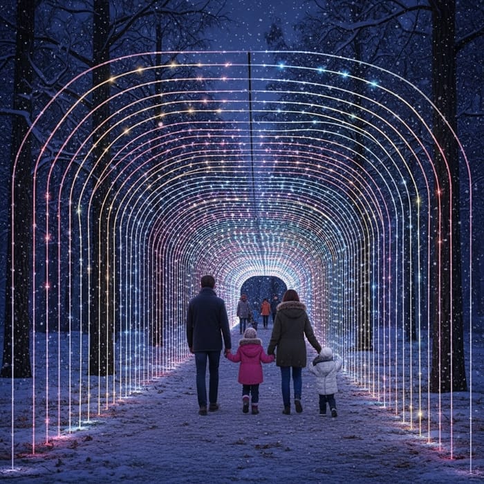Enchanting Luminous Tunnel with Magical Family Walk in Snowy Arboreal Setting Enchanting Luminous Tunnel with Magical Family Walk in Snowy Arboreal Setting