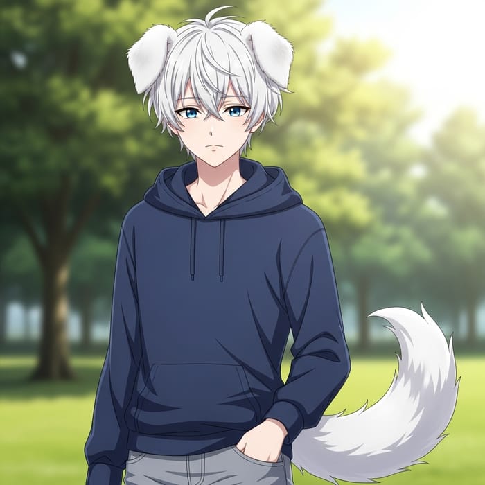 16-Year-Old Boy with Dog Ears, Dog Tail, White Fur, Pale Skin & Blue Eyes 16-Year-Old Boy with Dog Ears, Dog Tail, White Fur, Pale Skin & Blue Eyes