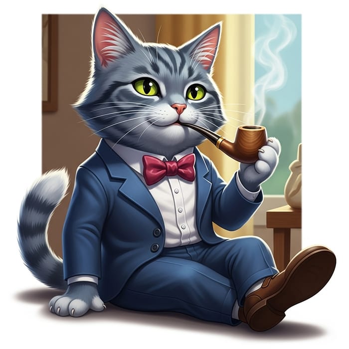 Stylish Cat Smoking Pipe - Eccentric Bow Tie Character Stylish Cat Smoking Pipe - Eccentric Bow Tie Character