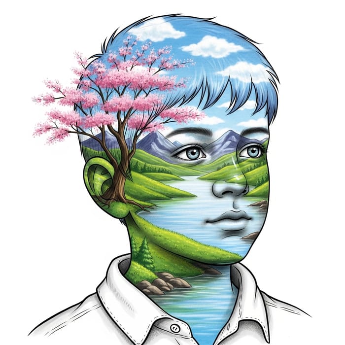 Imaginative Drawing of Young Boy with Nature Landscape Face Imaginative Drawing of Young Boy with Nature Landscape Face