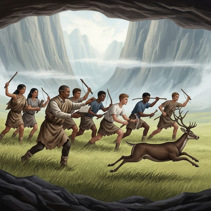Academic Collaboration: Professor and Students Hunting Deer in Cave Painting Academic Collaboration: Professor and Students Hunting Deer in Cave Painting