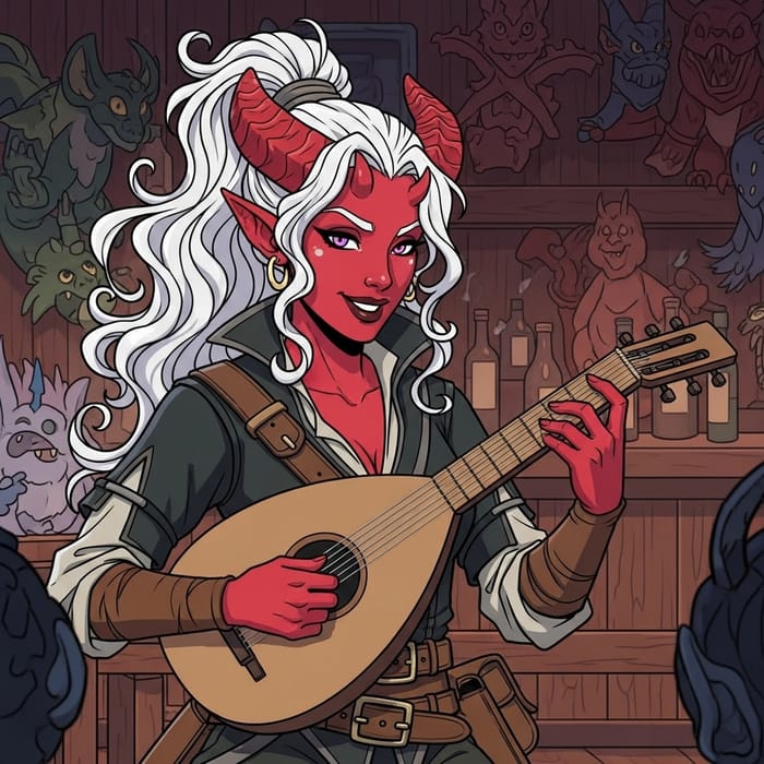 Mesmerizing Tiefling Bard Entertains in Rogue Attire Mesmerizing Tiefling Bard Entertains in Rogue Attire