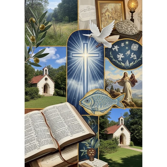 Christianity Collage: Divine Symbols and Peaceful Scenes