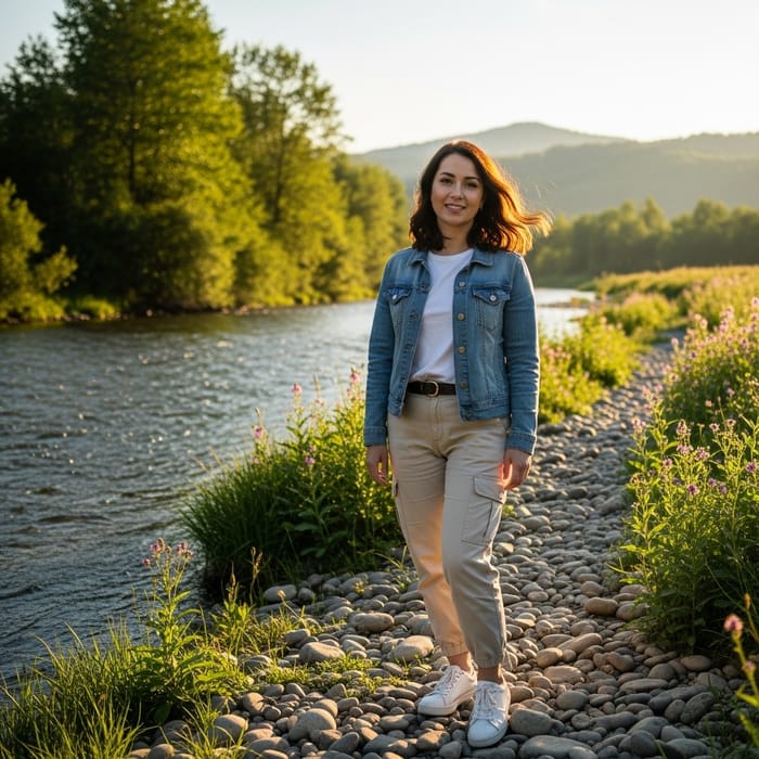 Serene Woman in Natural Setting with Warm Smile Serene Woman in Natural Setting with Warm Smile