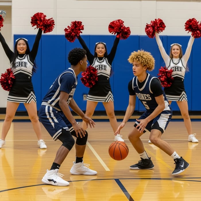 Golden Curly Hair Playing Basketball in Jordan11 Shoes with Cheerleaders and Teammates