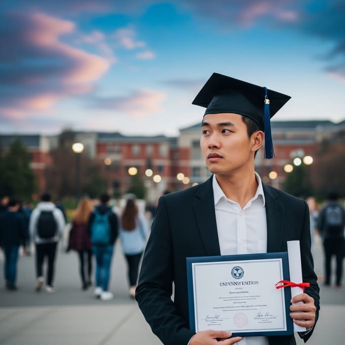 Pondering Future: A Recent University Graduate at Campus Twilight Pondering Future: A Recent University Graduate at Campus Twilight