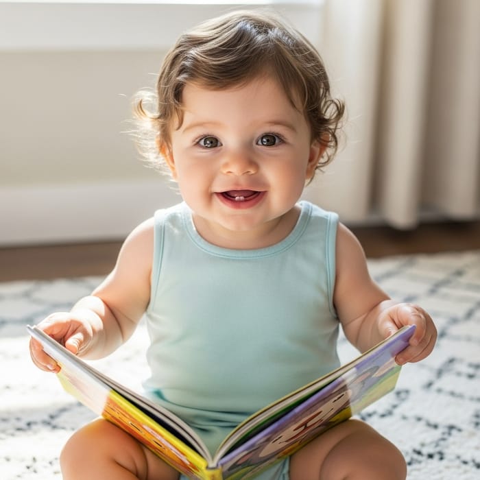 Happy One-Year-Old Baby with Light Brown Curly Hair