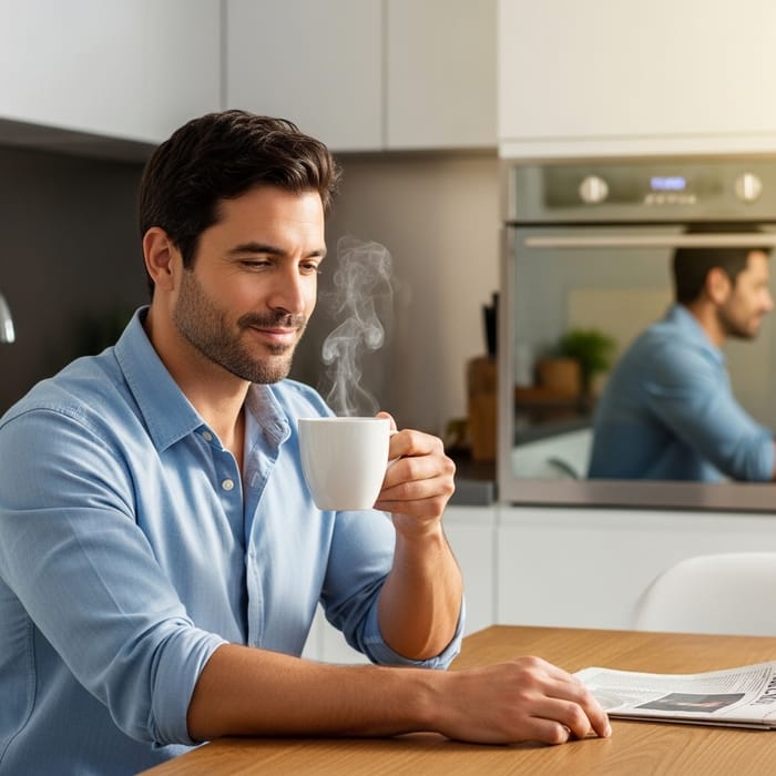 Charming Middle-Aged Man Drinking Coffee in Kitchen Charming Middle-Aged Man Drinking Coffee in Kitchen