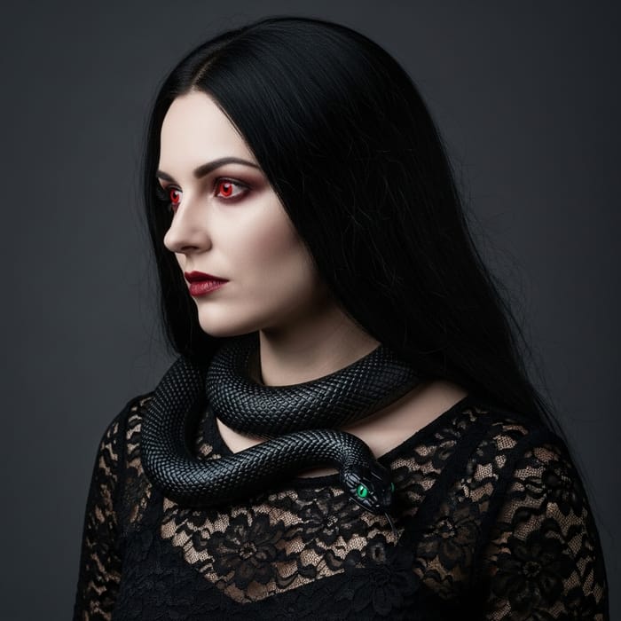 Ethereal Caucasian Woman in Black Lace Dress with Red Eyes