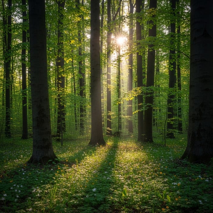 Tranquil Spring Forest in Ukraine: Serene Sunlit Scene with Delicate Flowers Tranquil Spring Forest in Ukraine: Serene Sunlit Scene with Delicate Flowers