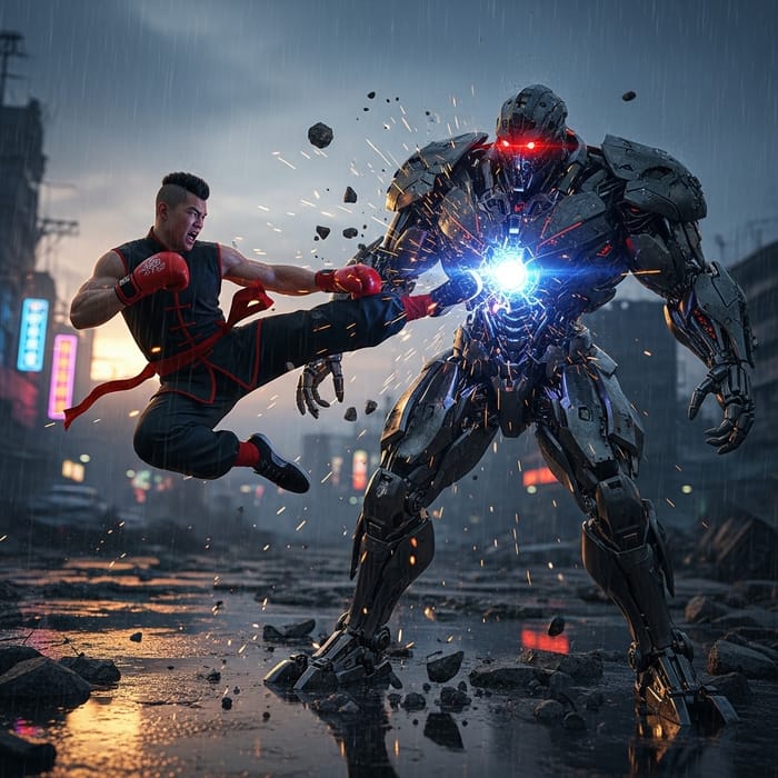Chinese Kickboxing Fighter vs. Rebellious Robot Battle - Epic Showdown Chinese Kickboxing Fighter vs. Rebellious Robot Battle - Epic Showdown