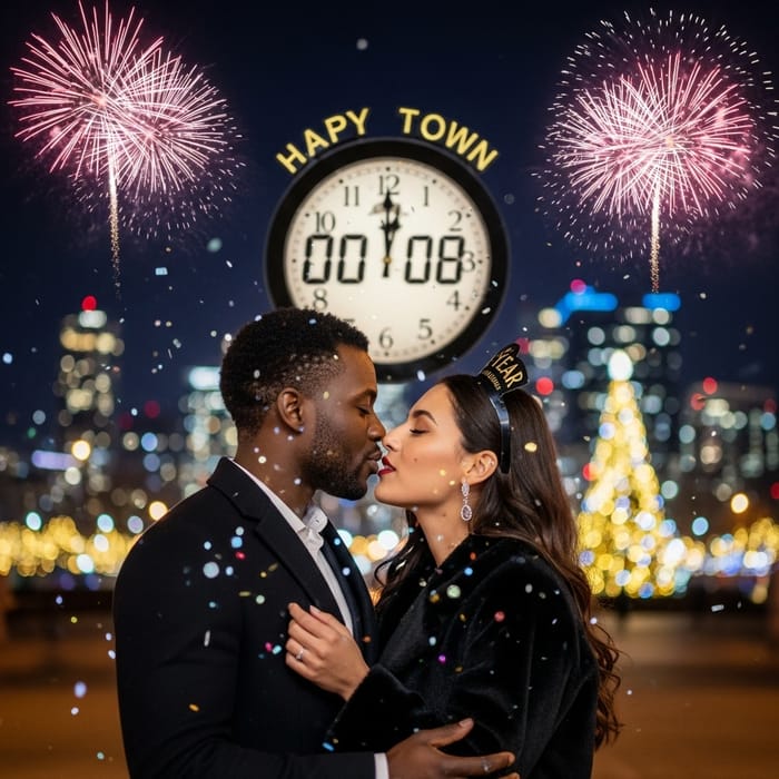 Midnight New Year's Kiss | Urban Night Fireworks Scene Midnight New Year's Kiss | Urban Night Fireworks Scene